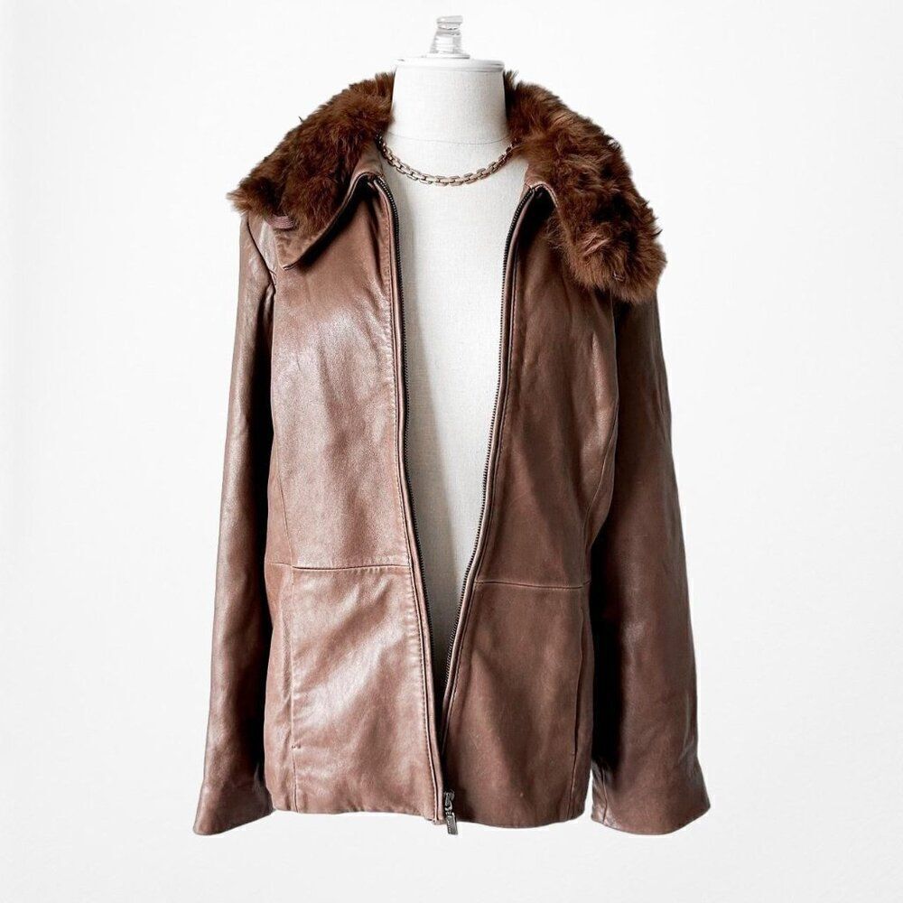 Vintage Y2K Brown Rabbit Fur Genuine Leather Moto Jacket Coat Size L - Picture 4 of 8